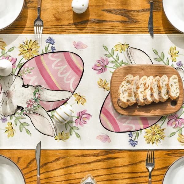 Table Runner with Rabbit, Eggs and Flowers for Easter, Seasonal Spring Kitchen Table Decoration 33x183 cm