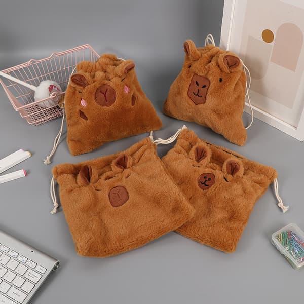 Capybara Drawstring Bag (Blushing) - Cute Brown Polyester Bag for Candy, Gifts, and Kids' Parties A