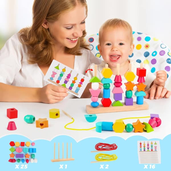 Montessori Wooden Bead Sequencing Toy Set, Stacking Blocks & Lacing Beads & Matching Shape Stacker for 2 3 4 5 Year Old STEM Preschool Learning