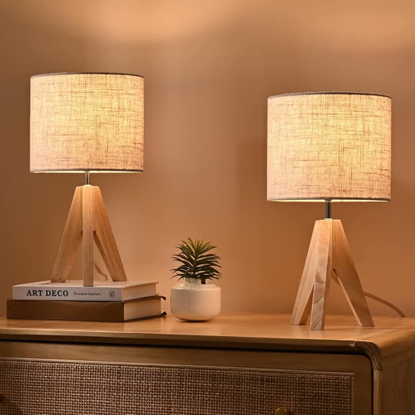 2 stk. sengelamper Træ sengebordslampe, Tripod skrivebordslampe [Energiklasse F]{F2}