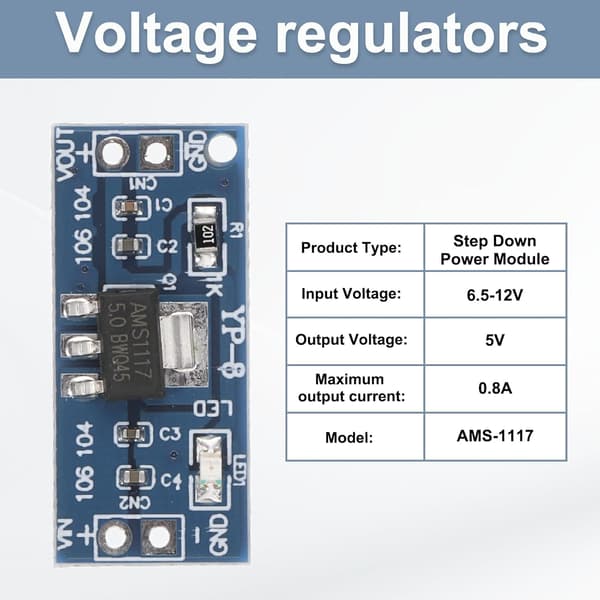 DC-DC Buck Converter Spændingsregulator Step Down Strømmodul AMS-1117 6.5-12V til 5V 0.8A til Justering af Transformere 6 stk. varepakkeantal - 6 stk. item_package_quantity