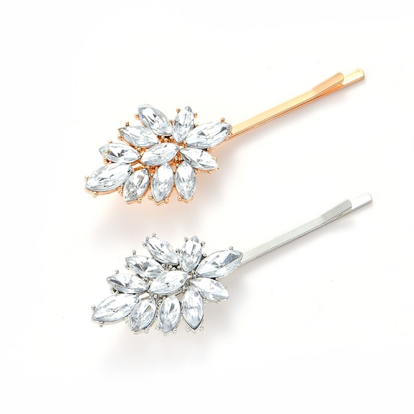 2 stycken Rhinestone Bröllopshårklämmor Brudhårsnålar Kristall Bobby Pins Silver Hårklämma Barrette Blad Blomma Bröllop El