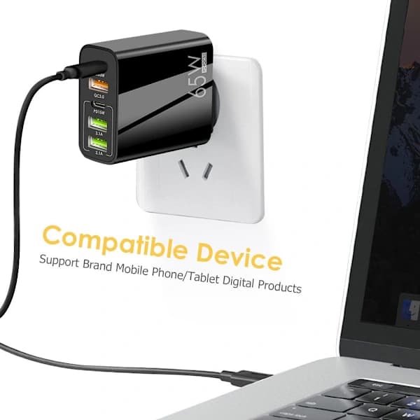 USB-C Lader Hurtiglading 65W Type-C Lader EU-kontakt Svart