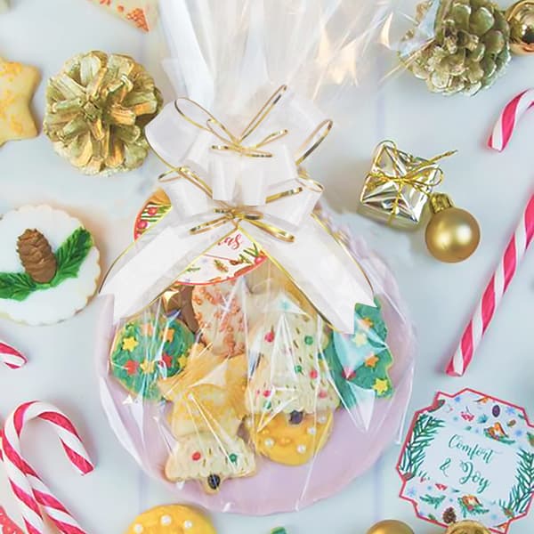 10 Large Gift Bows Bulk Pack for Gift Wrapping, Gift Baskets, Christmas, Wedding and Party Decoration (White Tulle and Gold Thread)