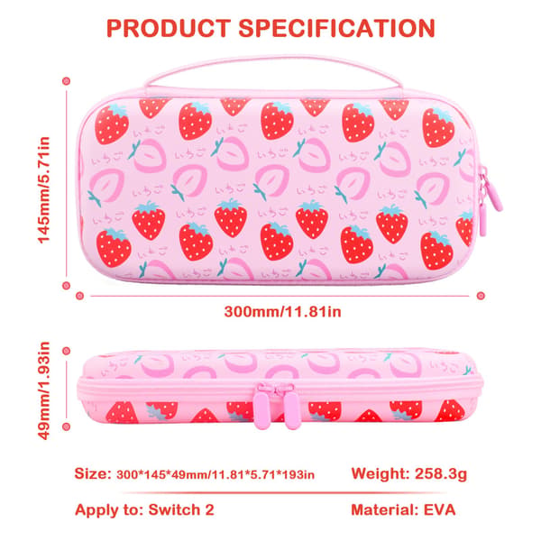 Switch 2 Case with Shoulder Strap - Pink Strawberry Design, EVA Hard Shell, Portable Handbag for NS2 Game Console