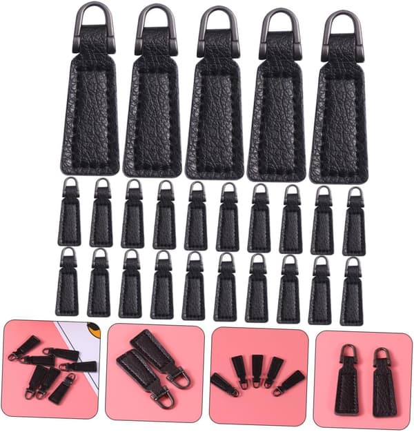 25 Pcs Black PU Leather Zipper Pulls for Bags and Clothes, Universal Detachable Zipper