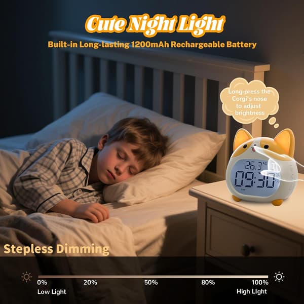 Children's Alarm Clock - with Night Light, 6 Alarm Sounds, Snooze Function, Timer, Date and Temperature Display, Rechargeable.
