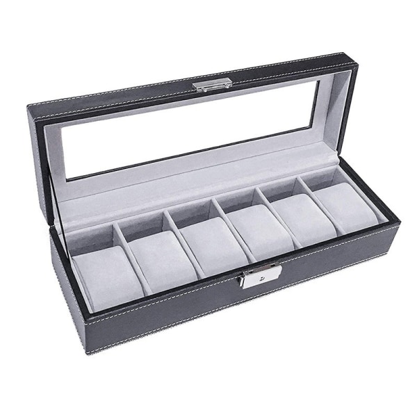 6-fackigt Läderur-Fodral Display Case Organizer Glas Smyckesförvaring Svart PU-Läder Ur-Fodral Display Case Smyckesorganizer