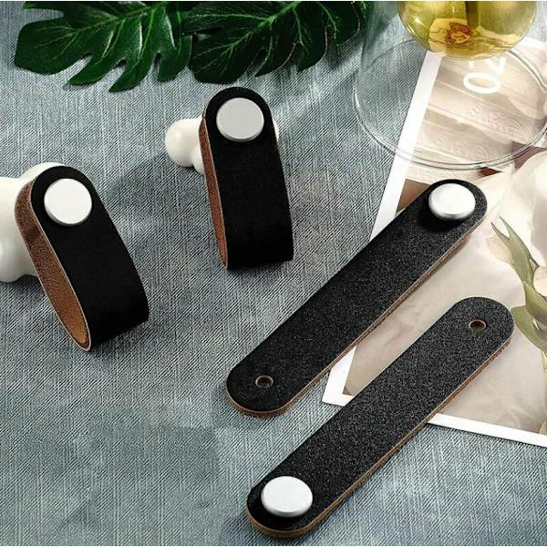 Hvite Lær Skuffhåndtak - 6 Stykker Lærhåndtak for Møbler Svarte Skaphåndtak Håndtak Lærhåndtak for Møbler - for Garderobe, Kjøkken