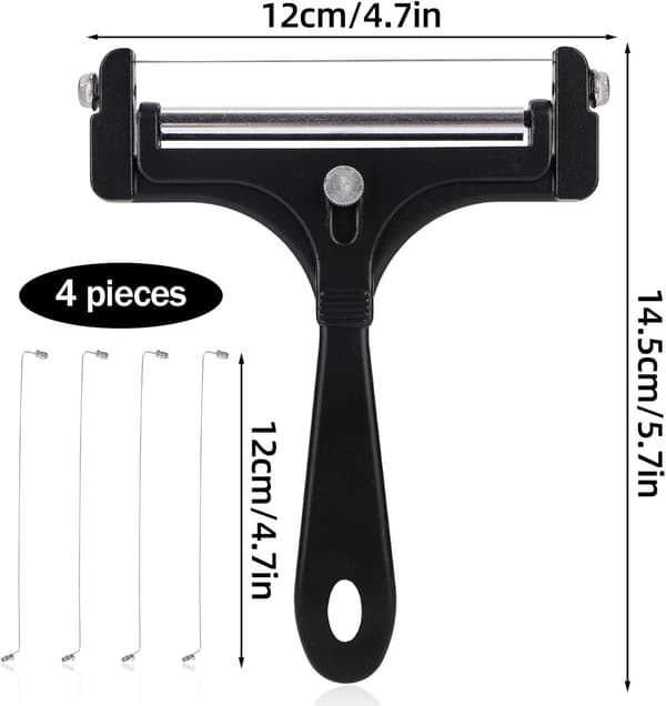 Cheese Slicer, Stainless Steel Cheese Cutter with 4 Extra Wires, Adjustable Handheld Butter Block Slicer (Black)