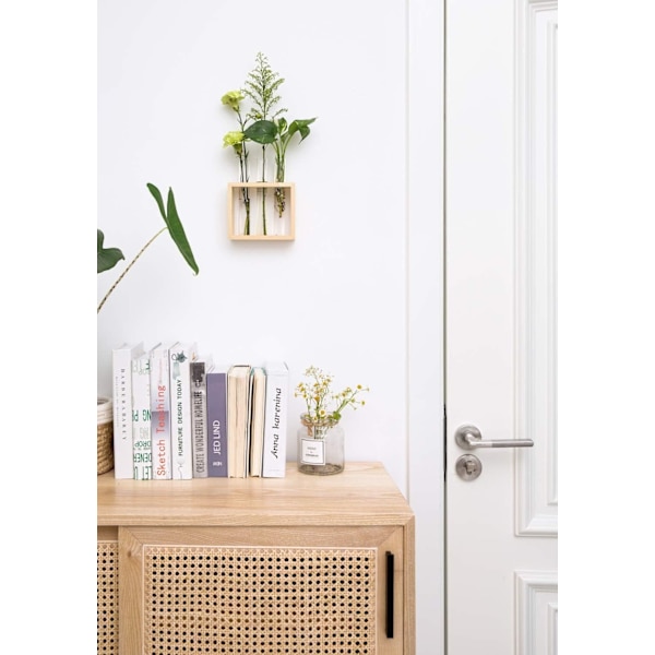 Väggmonterad Växtförökningsstation i Glas med 3 Rör och Träställning Blomvas Dekorativ Beige