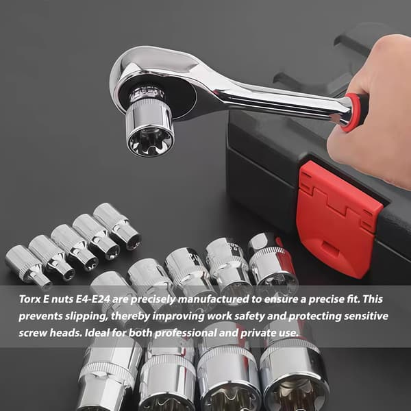 14-dele Torx E-topnøglesæt, 1/2\", 1/4\", 3/8\", udvendig, E4-E24 Torx E-toppe i CR-V, skrueudtrækker osv.