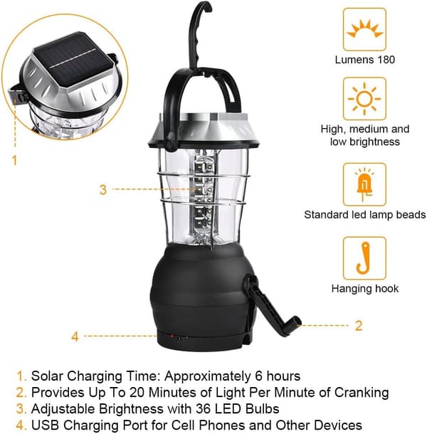 Solarlampe, 5 lademetoder, 3 justerbare lysmoduser, med håndsveivdynamo, ultralys oppladbar LED-campinglykt [Energiklasse A+++]