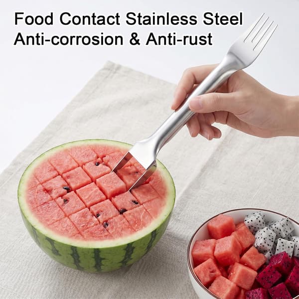 2-i-1 Vannmelonkutter og Skje, Fruktgaffel i Rustfritt Stål med Dobbelthode for Melon og Mango til Hjem, Camping, Fester (2 STK)