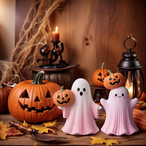 1 pc Halloween Decorations, Spooky Ghost Ornament with Pumpkins, Pink Cute Ghost Statue Sculpture Decoration (12cm) (Style B)