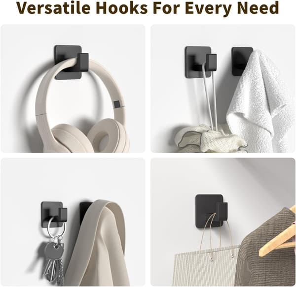 Self-Adhesive Towel Hooks 4-pack - Square Wall Hooks for Towels Jackets Kitchen Bathroom - Modern Black Design