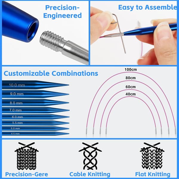 Interchangeable Circular Knitting Set, 3.0-10.0 mm, 40 cm/60 cm/80 cm/100 cm, Interchangeable with Box, Aluminum, Interchangeable Circular Needle, Blue