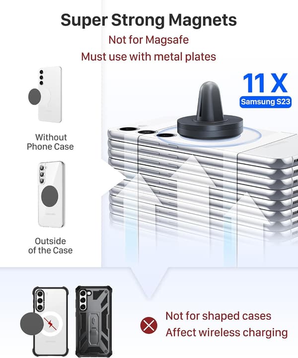 Magnetisk Biltelefonholder - Stærkeste Magneter til Luftventil, Kompatibel med iPhone & Samsung, Inkluderer Metalplader