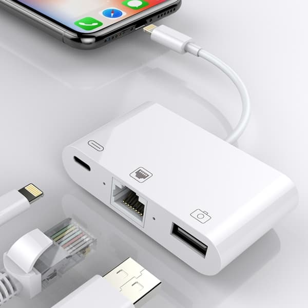 Multiportadapter til iPhone og iPad med Lightning til Ethernet, USB og Lightning