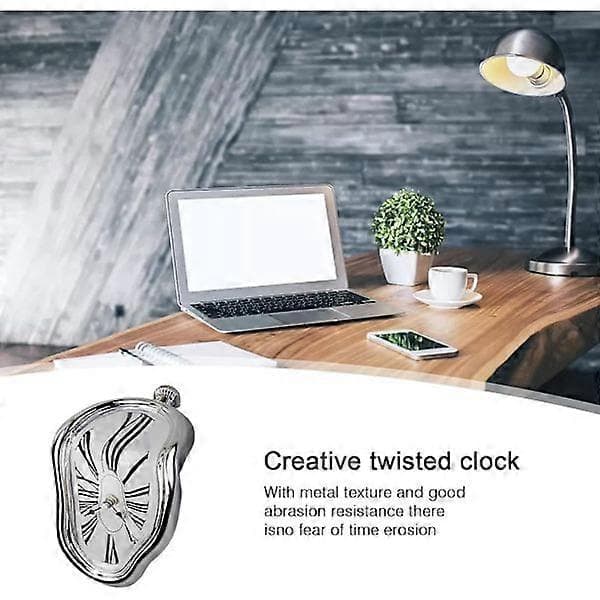 Novelty Melting Clock, Creative Modern Wall Clock, Retro Twisted Melting Time Clock for Home Kitchen Office Desk Decoration (Silver)