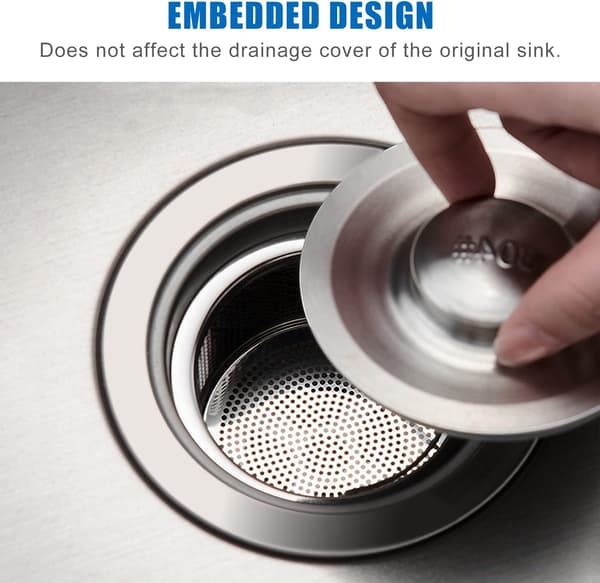 Set of 2 Sink Strainers with Handle, Stainless Steel, Clog-Free, for Bathroom Sinks, Integrated Design - Rust-Proof and Dishwasher Safe