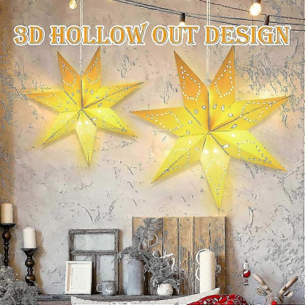 LED Paper Star Illuminated for Hanging, 2-pack 3D Christmas Star Illuminated, 45 cm