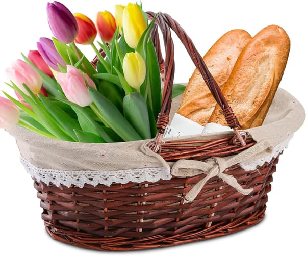 Wicker Woven Picnic Basket with Handle, Empty Gift Basket, Easter Basket with Liner, Wood Chip Storage Organizer