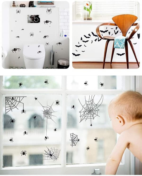 Spooky Halloween Decor: Bat and Spider Stickers - 120 Pcs Removable Decals for Walls, Windows, Home, and Office