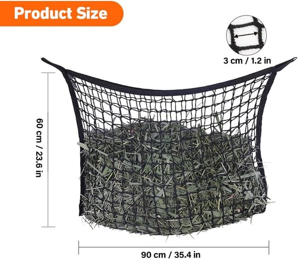wxsp Hønet til heste, høpose til heste, stor 90 x 60 cm, maskestørrelse 3 x 3 cm, finmasket til 4 kg hø, foderpose, Hønet Hest, halmfodernet