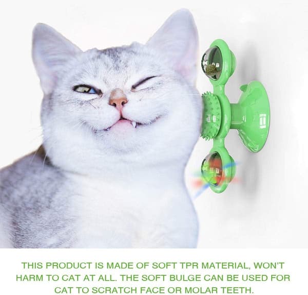 Interactive Windmill Cat Toy - with LED Light Ball, Suction Cup, and Catnip - Indoor Toy for Cats Green green