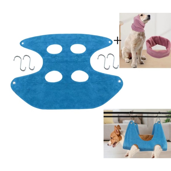 Pet Grooming Hængekøje - Hundeplejestrop med 4 kroge og 1 Pet Grooming Mask, bløde og behagelige tasker til badning, pleje og negleklipning Blu