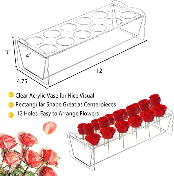2-pack akrylblomvas rektangulär, 12 x 4 tum lång låg klar blomvas 12 hål blomsterarrangemang