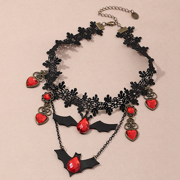 Halloween-teemainen kaulakoru, musta pitsi, gootti choker-kaulakoru, kurpitsa-aave-riipus, pitkä kerrostettu kaulakoru, lepakko-riipus