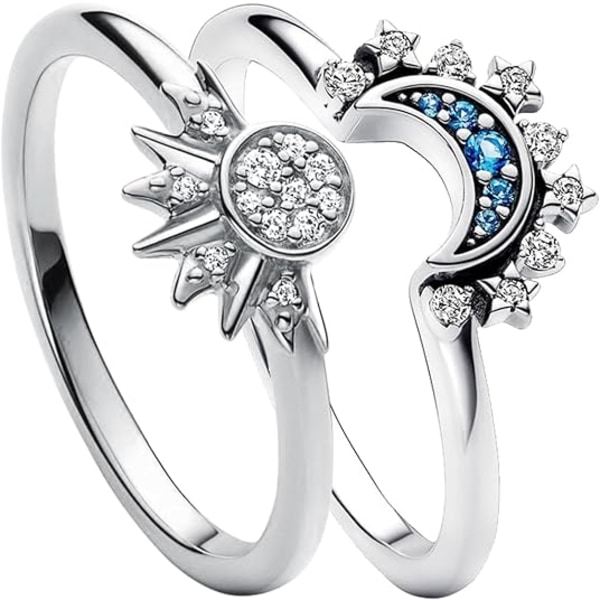 Celestial Sol og Måne Ringsæt, Glitrende Sol Ring/Blå Måne Ring Sølv 8