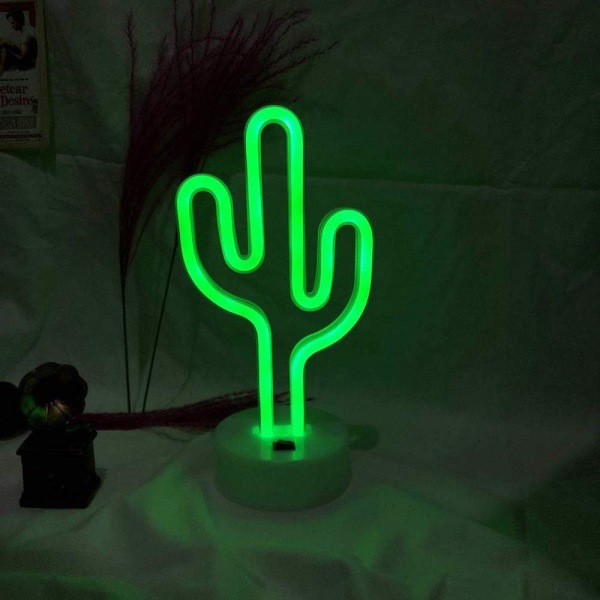Gröna kaktus neonljusskyltar LED kaktus neonljus Nattljus med piedestal Rumsdekor Batteri/ USB -drift Kaktuslampor Neonskyltar