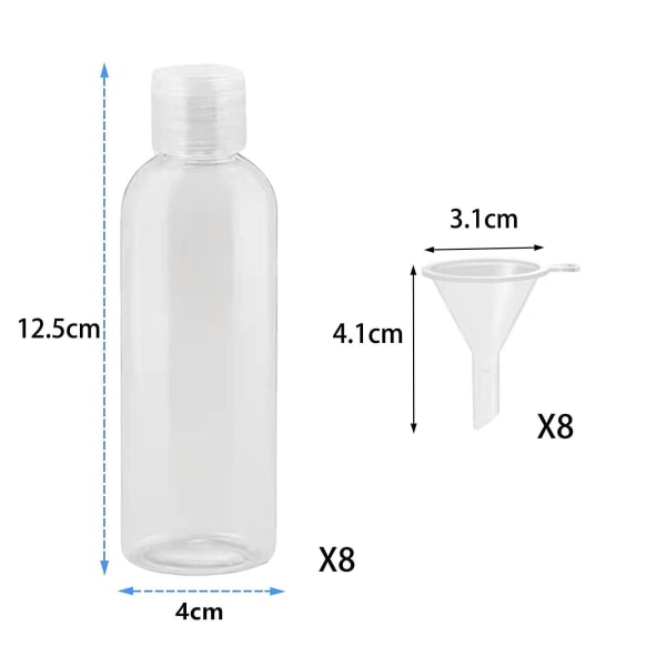 8 reiseflasker 100 ml plastflasker med 8 små trakter Transparente kosmetikkflasker for kjæledyr