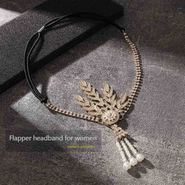 CQBB 1920-talls Flapper Pannebånd Blad Rhinestone Hodeplagg Perlehodeplagg Great Gatsby Hårpynt for kvinner og jenter (Gull)_max