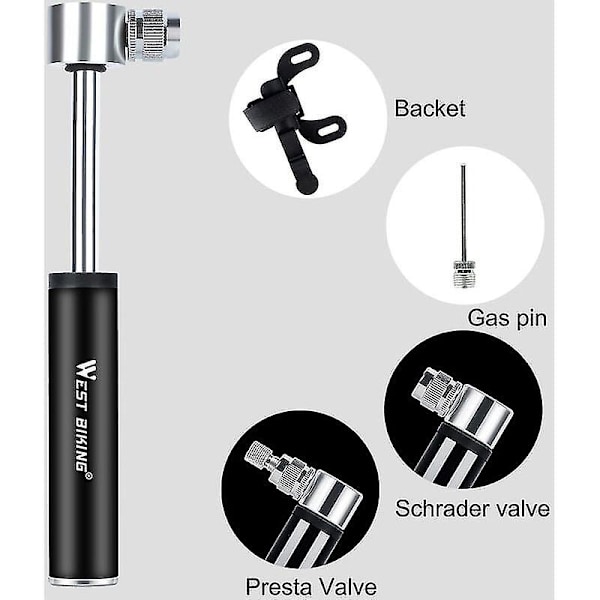 Mini-pyöräpumppu 120psi, Universaali putki, Käyttö yhteensopiva pyörän renkaiden ilmapumpun kanssa, Musta