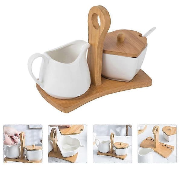 1 Set Ceramic Sugar Bowl Milk Jug Spice Storage Container With Tray And Spoon