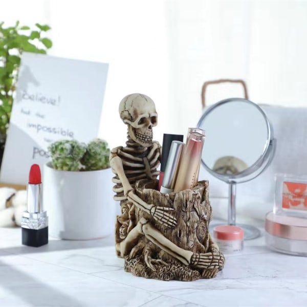 Pääkallo-kynäteline meikkiharjateline Creative Skeleton hammasharjateline Halloween Kotitoimiston työpöydän säilytyslaatikon koristelu (valkoinen)