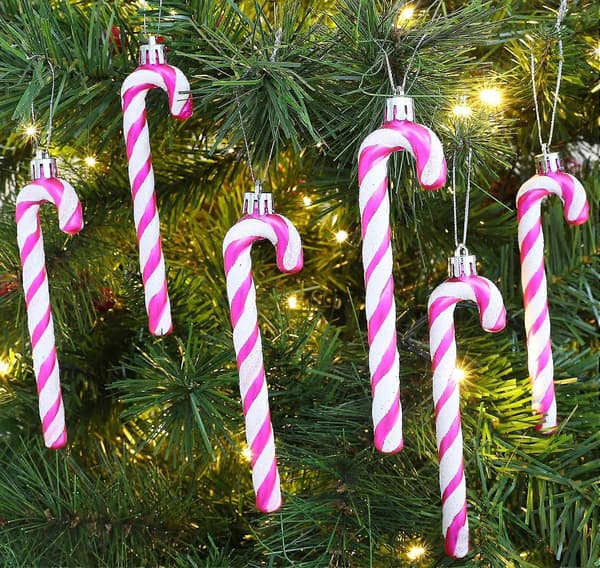 Christmas Decorations 6 pcs - 13 cm Glitter Candy Cane Christmas Tree Decorations (Hot Pink)