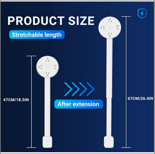 Strømuttaksforlenger, nå vanskelig tilgjengelige uttak! Har USB-A, USB-C og 2 AC-uttak, forlenges 17 \"-27 \", roterer 180°, bruk bak sofaer,