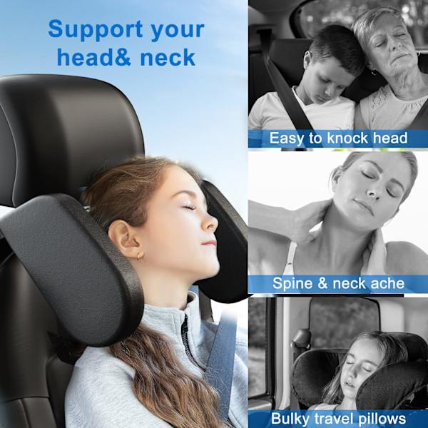 Sort Memory Foam Bilpude, Justerbar Nakkestøtte til Børn til at Sove i Bilen. Indbygget Memory Foam kan Genoprettes