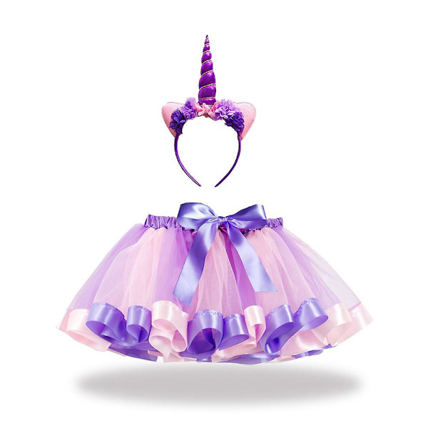 Tyttöjen hame sateenkaaren kerroksinen tylli tutu hame yksisarvisen hiuspanta juhla-asuste sarja vaaleanpunainen light purple L