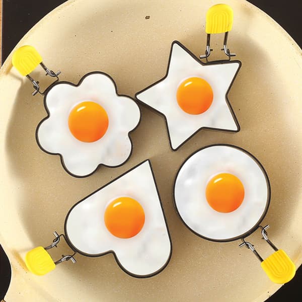 Egg Ring Set, 5 Pieces with Oil Brush, Foldable Handle Molds: Circle, Star, Flower, Heart, for Pancakes