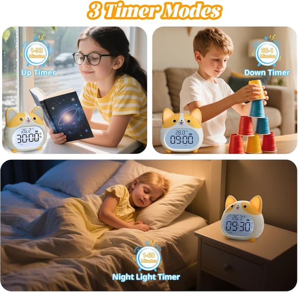Children's Alarm Clock - with Night Light, 6 Alarm Sounds, Snooze Function, Timer, Date and Temperature Display, Rechargeable.