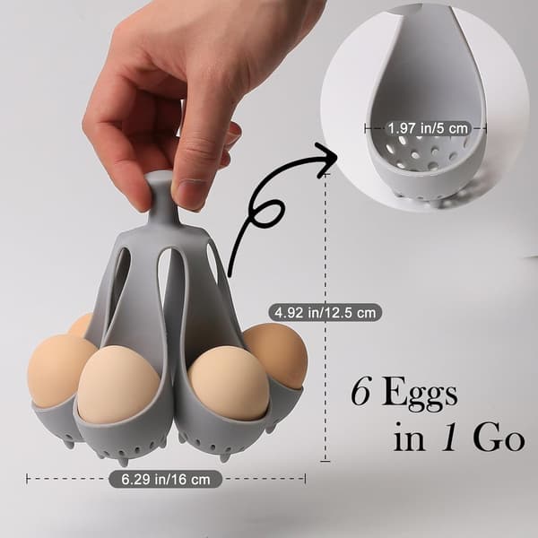 Silicone Egg Cooker with Handle - 6 Compartment Soft Boiled Egg Poacher & Serving Rack, Dishwasher Safe Food Grade Kitchen Utensil