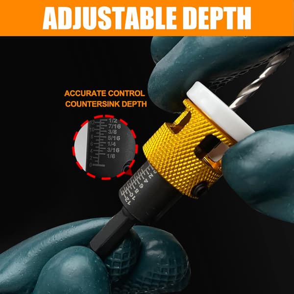 1/8 x 3/8 Countersink Drill Bit, Wood Milling Cutter with Depth Stop, Precise Drilling, 1/4\" Hex Shank, HSS, for Woodworking and Construction
