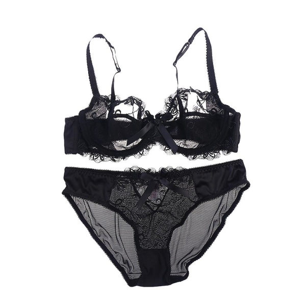 Dam Lace Lingerie Set Sexig Genomskinlig Knyt Push Up BH Bralette Och Underkläder 95c (svart)Svart Black