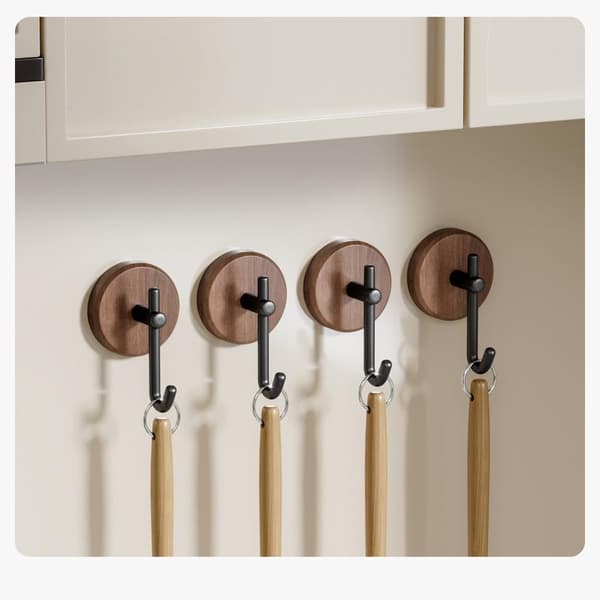 Self-Adhesive Wooden Hooks for Wall, 4-Pack Farmhouse Decor Natural Dark Walnut Hooks